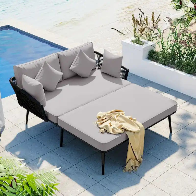 Outdoor Daybed Woven Nylon Rope Backrest with Washable Cushions