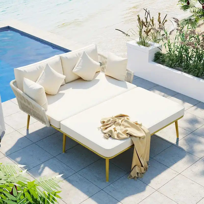 Outdoor Daybed Woven Nylon Rope Backrest with Washable Cushions