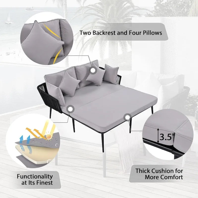 Outdoor Daybed Woven Nylon Rope Backrest with Washable Cushions