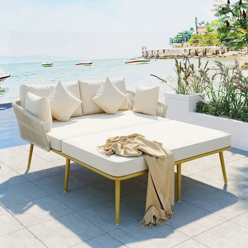 Outdoor Daybed Woven Nylon Rope Backrest with Washable Cushions