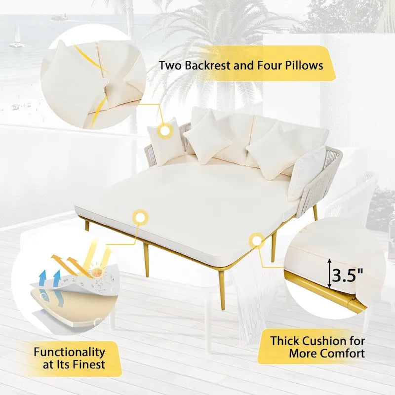 Outdoor Daybed Woven Nylon Rope Backrest with Washable Cushions