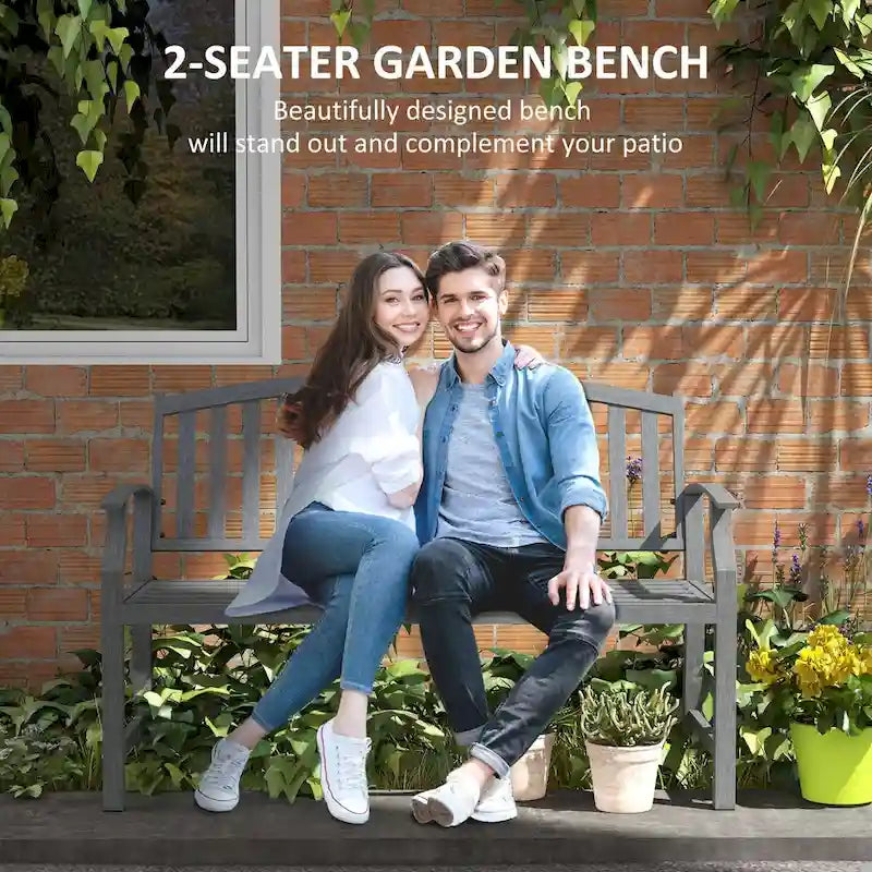 46 Outdoor Metal Garden Bench with Armrests, Tilted Backrest,Wood Look Slatted