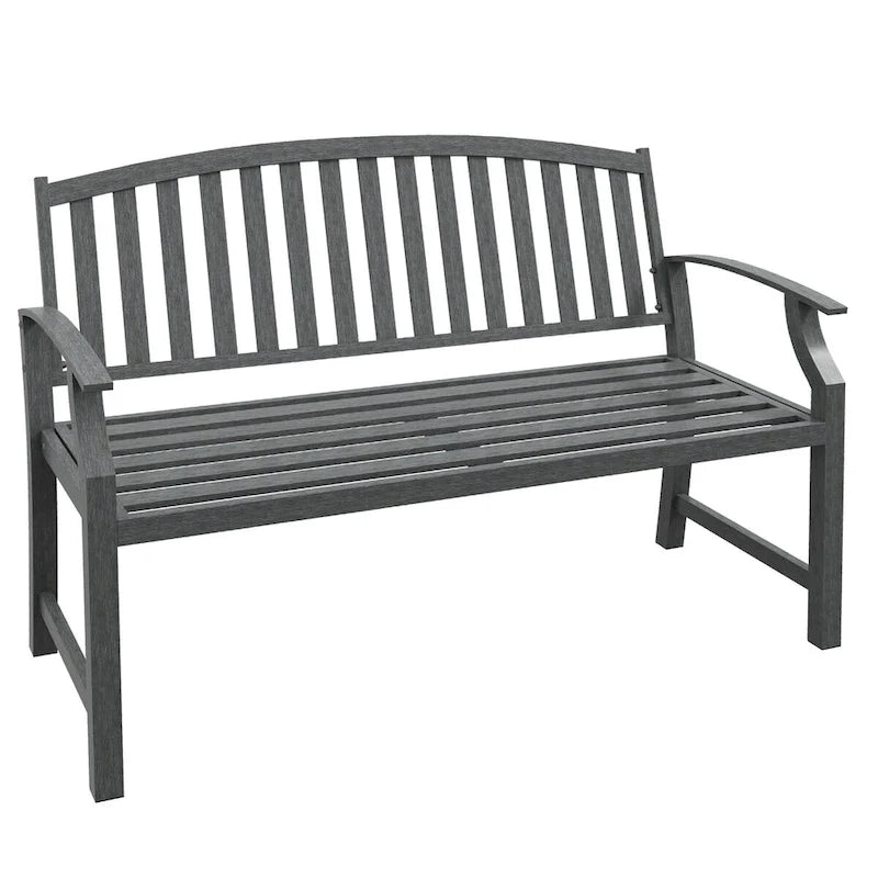 46 Outdoor Metal Garden Bench with Armrests, Tilted Backrest,Wood Look Slatted