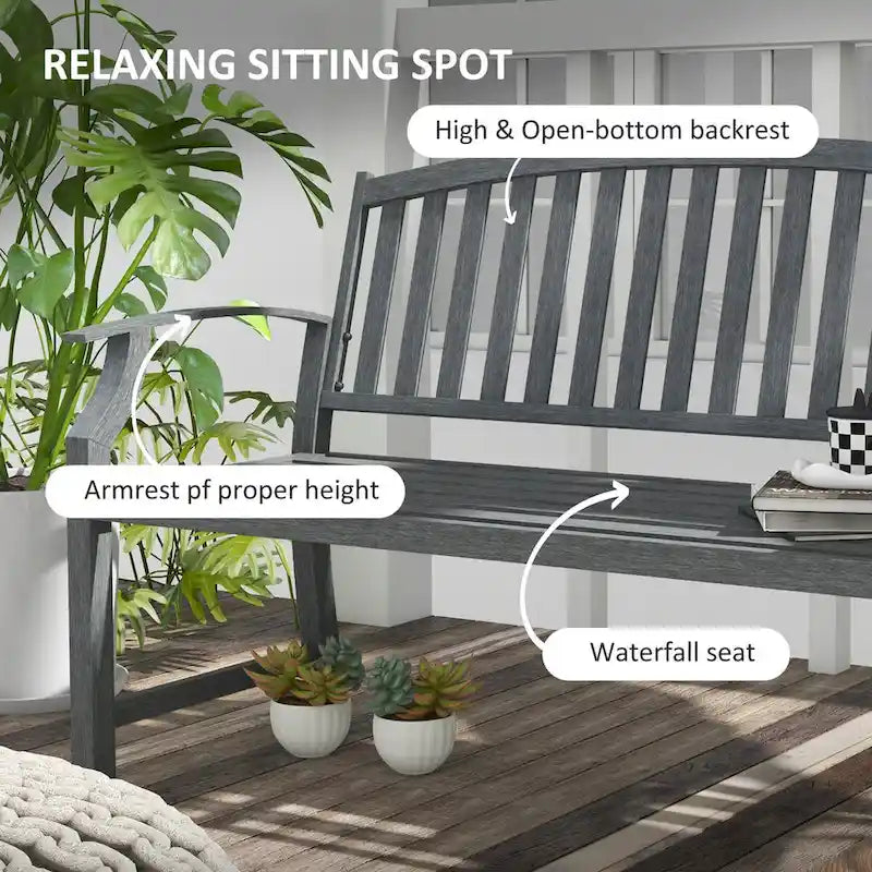 46 Outdoor Metal Garden Bench with Armrests, Tilted Backrest,Wood Look Slatted