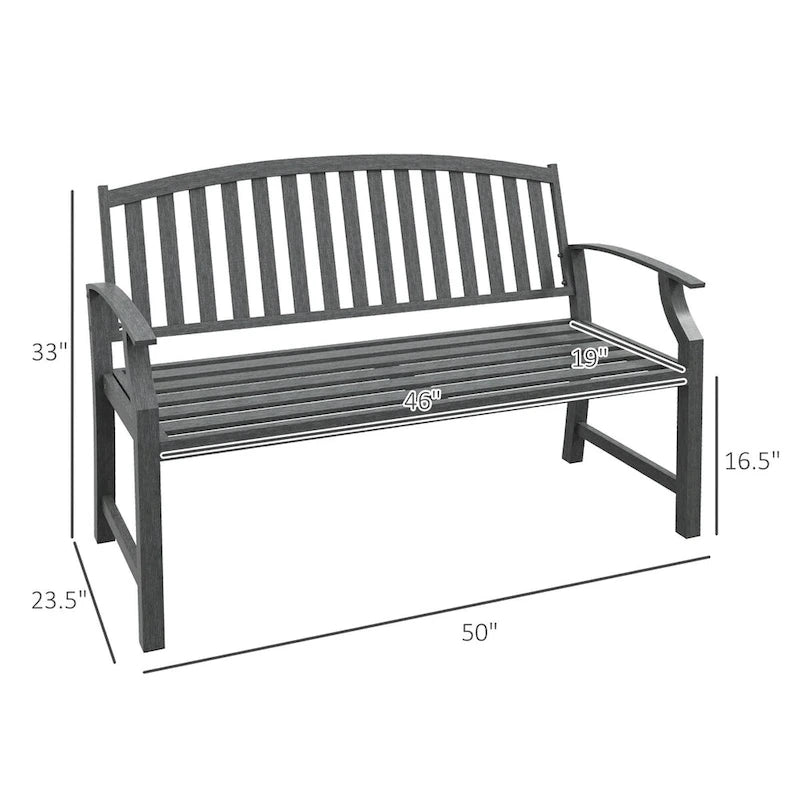 46 Outdoor Metal Garden Bench with Armrests, Tilted Backrest,Wood Look Slatted