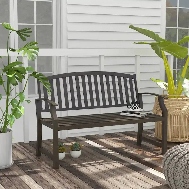 46 Outdoor Metal Garden Bench with Armrests, Tilted Backrest,Wood Look Slatted