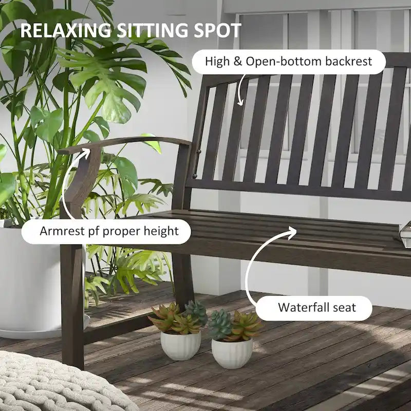 46 Outdoor Metal Garden Bench with Armrests, Tilted Backrest,Wood Look Slatted