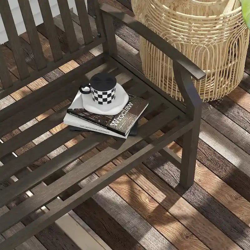 46 Outdoor Metal Garden Bench with Armrests, Tilted Backrest,Wood Look Slatted