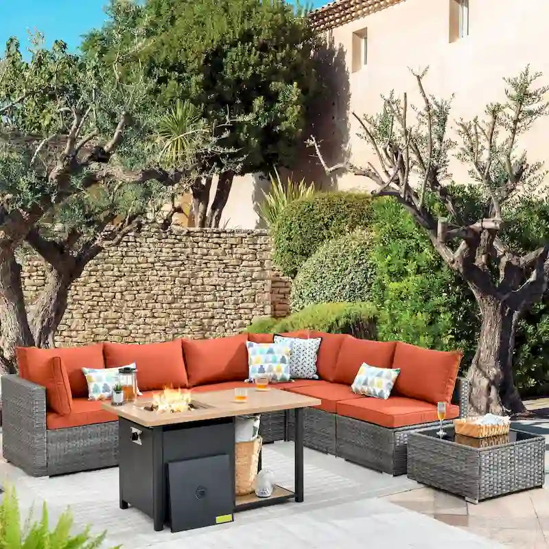HOOOWOOO 8-piece Wicker Outdoor Patio Furniture Sofa Set Fire Pit Set