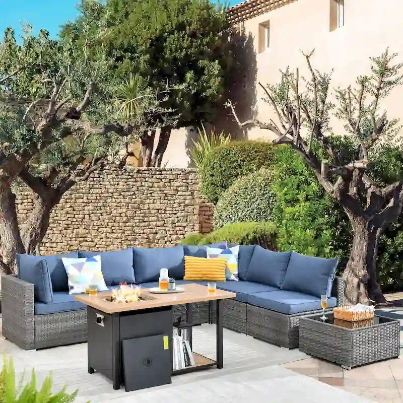 HOOOWOOO 8-piece Wicker Outdoor Patio Furniture Sofa Set Fire Pit Set