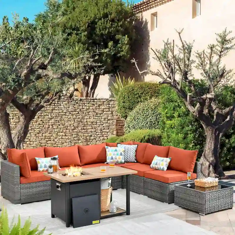 HOOOWOOO 8-piece Wicker Outdoor Patio Furniture Sofa Set Fire Pit Set