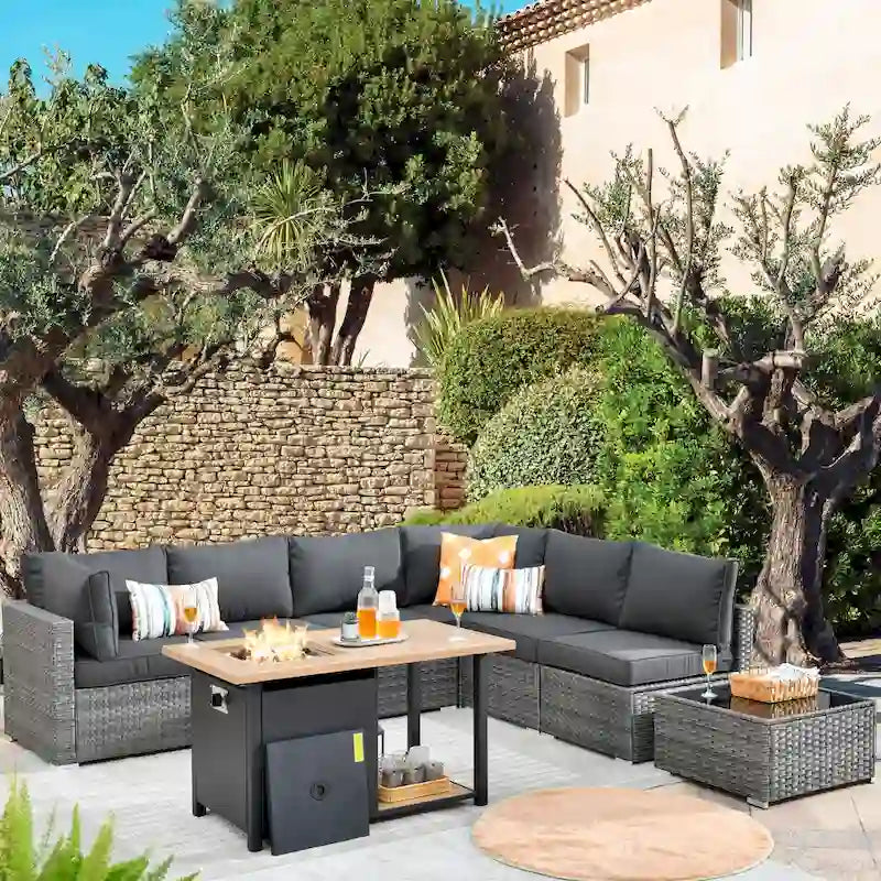 HOOOWOOO 8-piece Wicker Outdoor Patio Furniture Sofa Set Fire Pit Set
