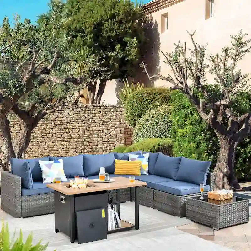 HOOOWOOO 8-piece Wicker Outdoor Patio Furniture Sofa Set Fire Pit Set