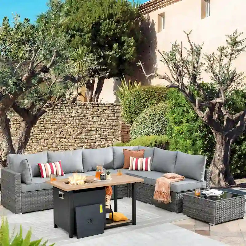 HOOOWOOO 8-piece Wicker Outdoor Patio Furniture Sofa Set Fire Pit Set