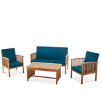 Outdoor Acacia Wood Sofa Set with Water Resistant Cushions, 4-Pcs Set, Brown Patina / Teal Blue