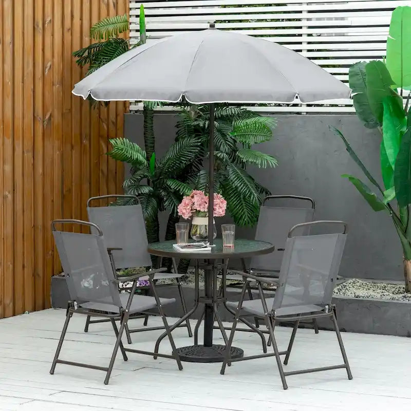 6 Piece Patio Dining Set for 4 with Umbrella, Outdoor Table and Chairs with 4 Folding Dining Chairs & Round Glass Table