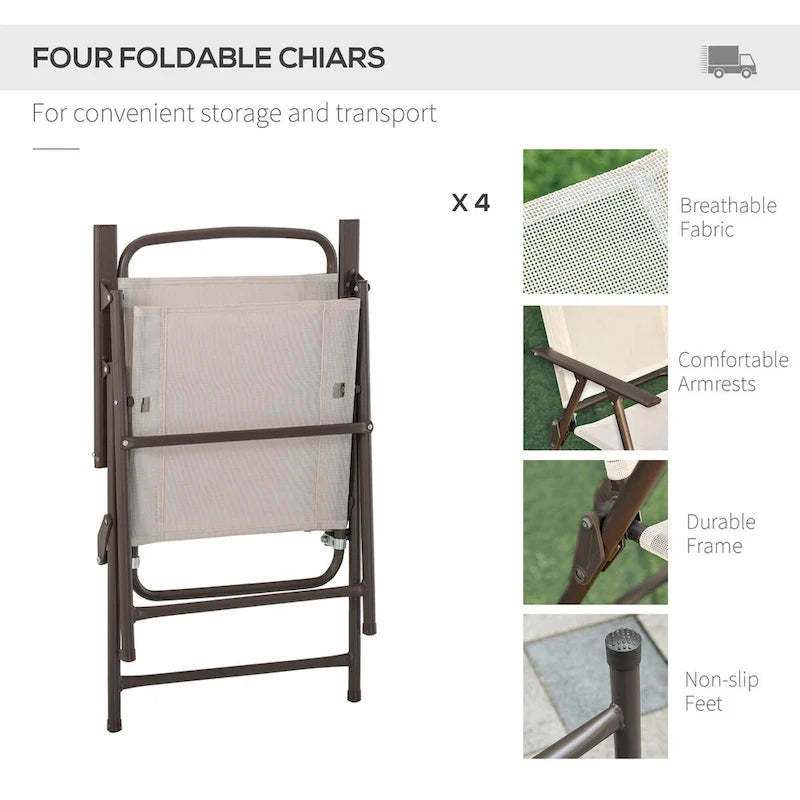 6 Piece Patio Dining Set for 4 with Umbrella, Outdoor Table and Chairs with 4 Folding Dining Chairs & Round Glass Table