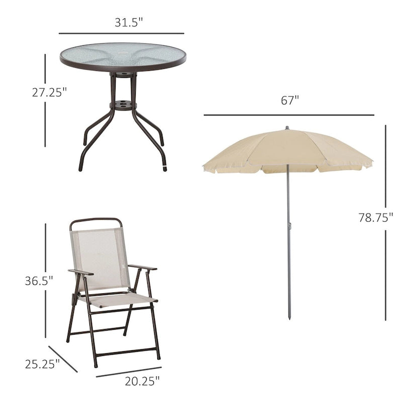 6 Piece Patio Dining Set for 4 with Umbrella, Outdoor Table and Chairs with 4 Folding Dining Chairs & Round Glass Table