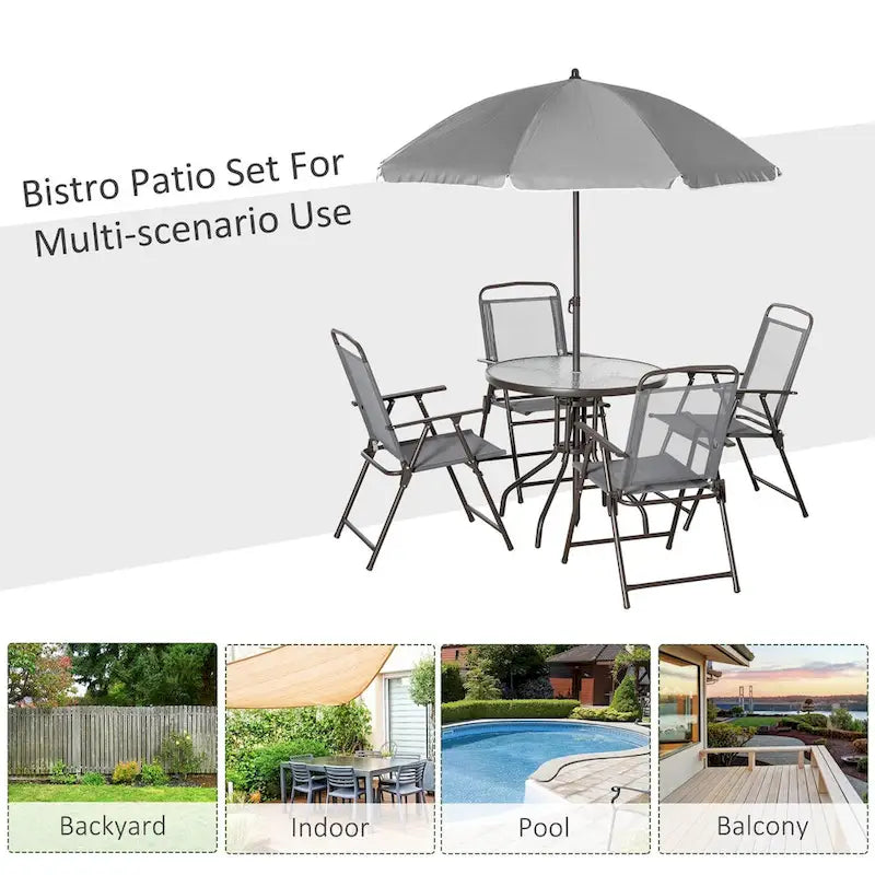 6 Piece Patio Dining Set for 4 with Umbrella, Outdoor Table and Chairs with 4 Folding Dining Chairs & Round Glass Table