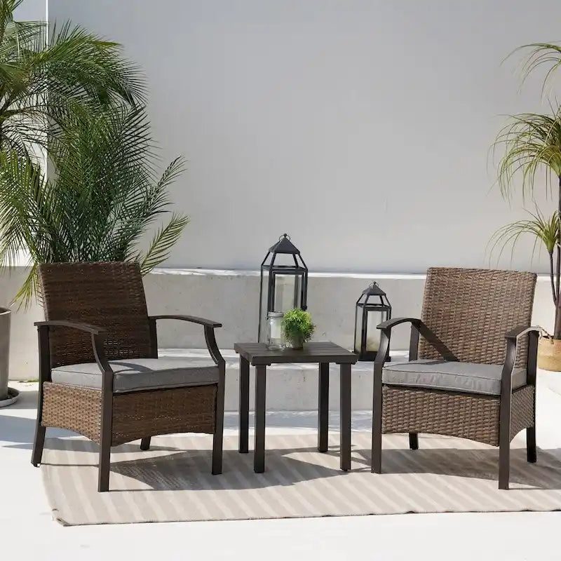 Wicker Formal Dinning Chair Side Table Set With Blue Cushions In Metal Frame (Set of 3)