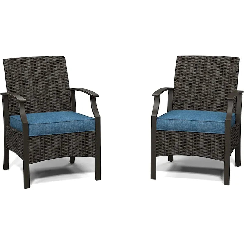 Wicker Formal Dinning Chair Side Table Set With Blue Cushions In Metal Frame (Set of 3)