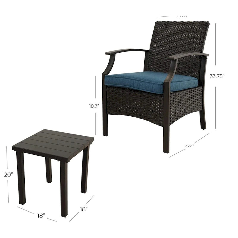 Wicker Formal Dinning Chair Side Table Set With Blue Cushions In Metal Frame (Set of 3)