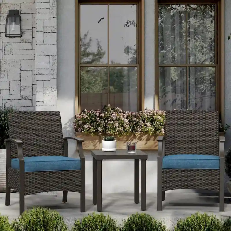 Wicker Formal Dinning Chair Side Table Set With Blue Cushions In Metal Frame (Set of 3)