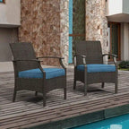 Wicker Formal Dinning Chair Side Table Set With Blue Cushions In Metal Frame (Set of 3)