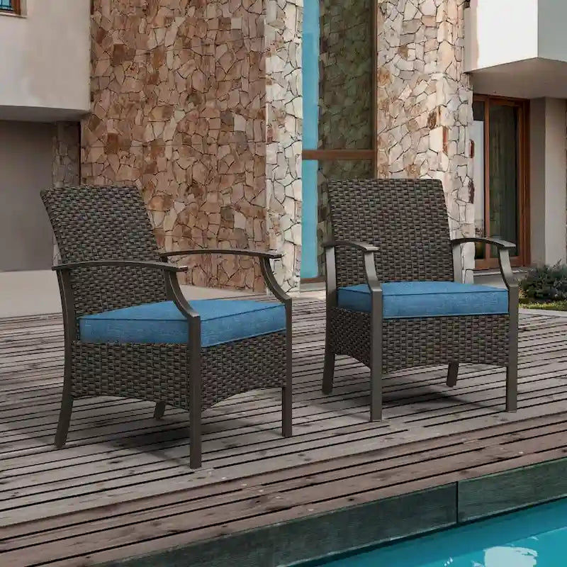 Wicker Formal Dinning Chair Side Table Set With Blue Cushions In Metal Frame (Set of 3)