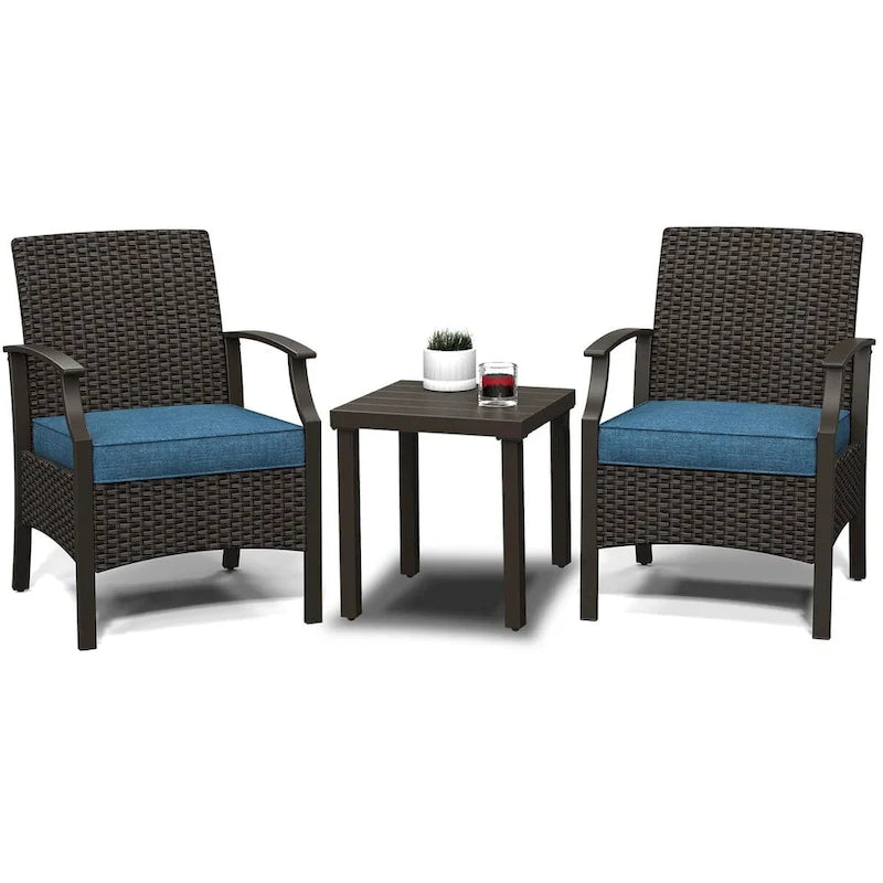 Wicker Formal Dinning Chair Side Table Set With Blue Cushions In Metal Frame (Set of 3)