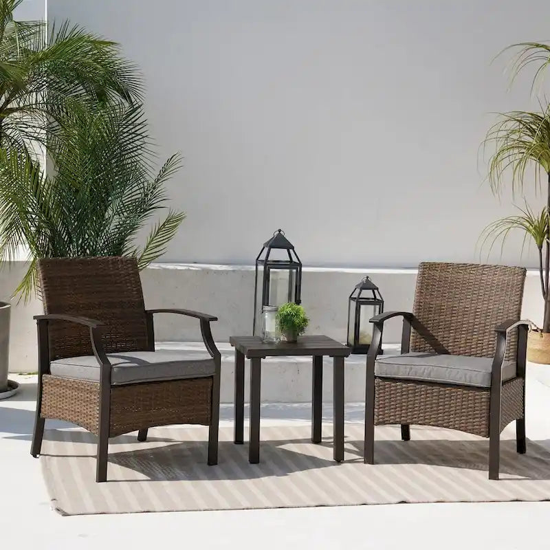 Wicker Formal Dinning Chair Side Table Set With Blue Cushions In Metal Frame (Set of 3)