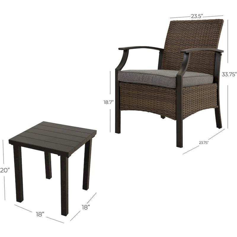 Wicker Formal Dinning Chair Side Table Set With Blue Cushions In Metal Frame (Set of 3)