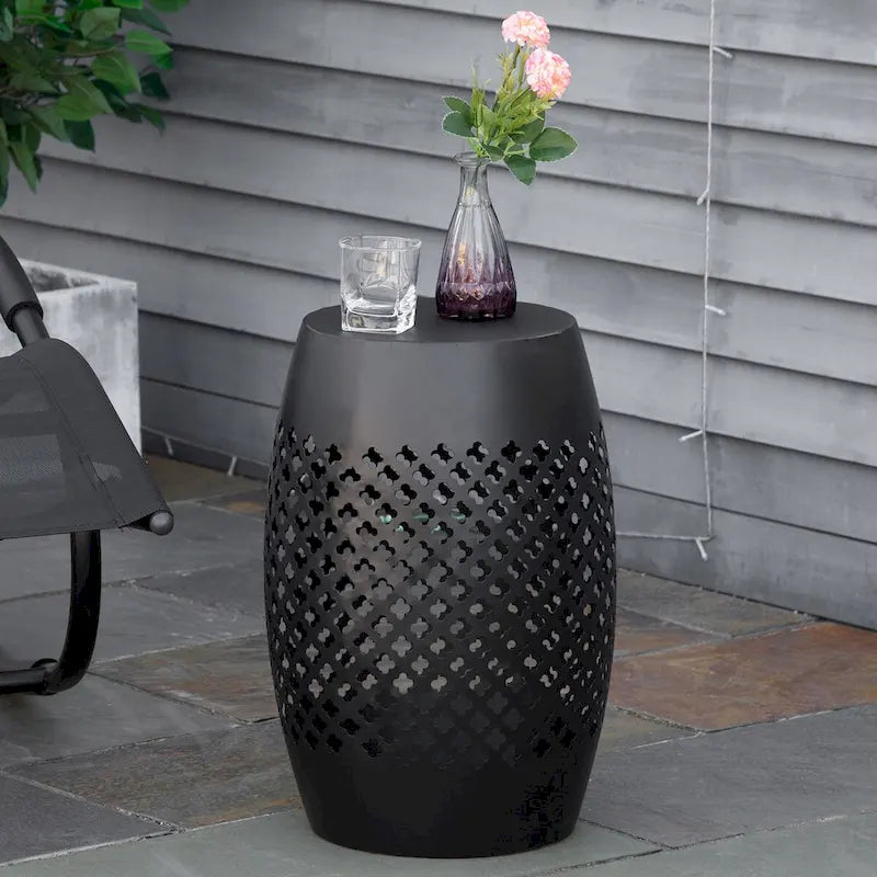 12.5 Patio Round Hollow Drum Side Table, Steel Accent Table