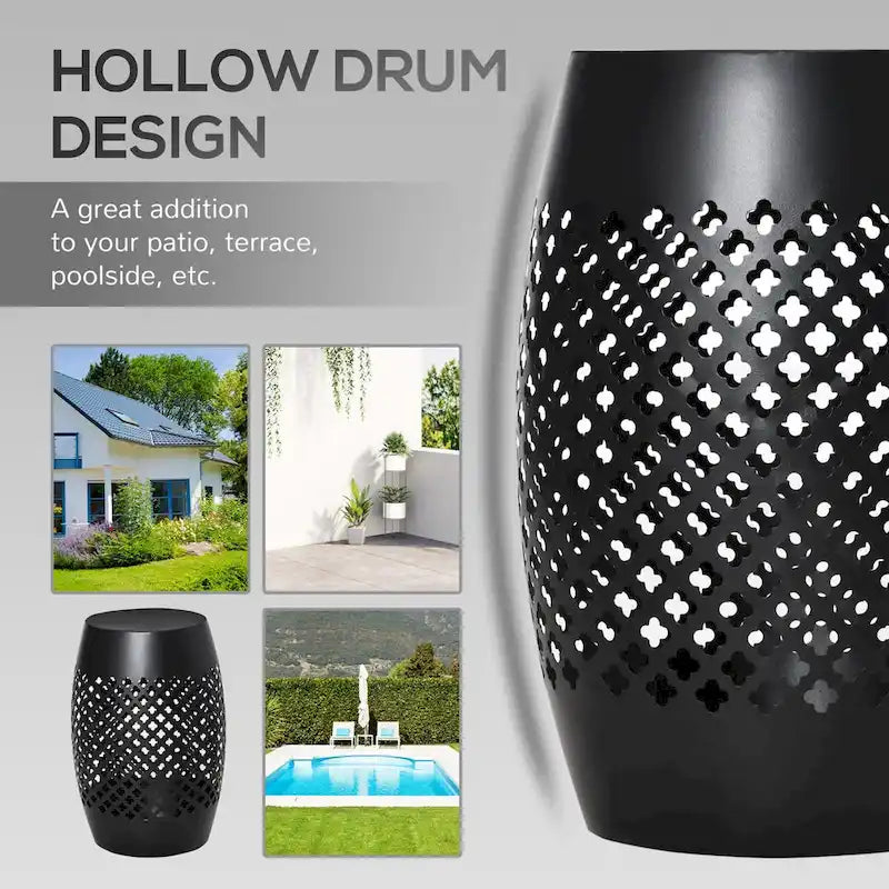 12.5 Patio Round Hollow Drum Side Table, Steel Accent Table