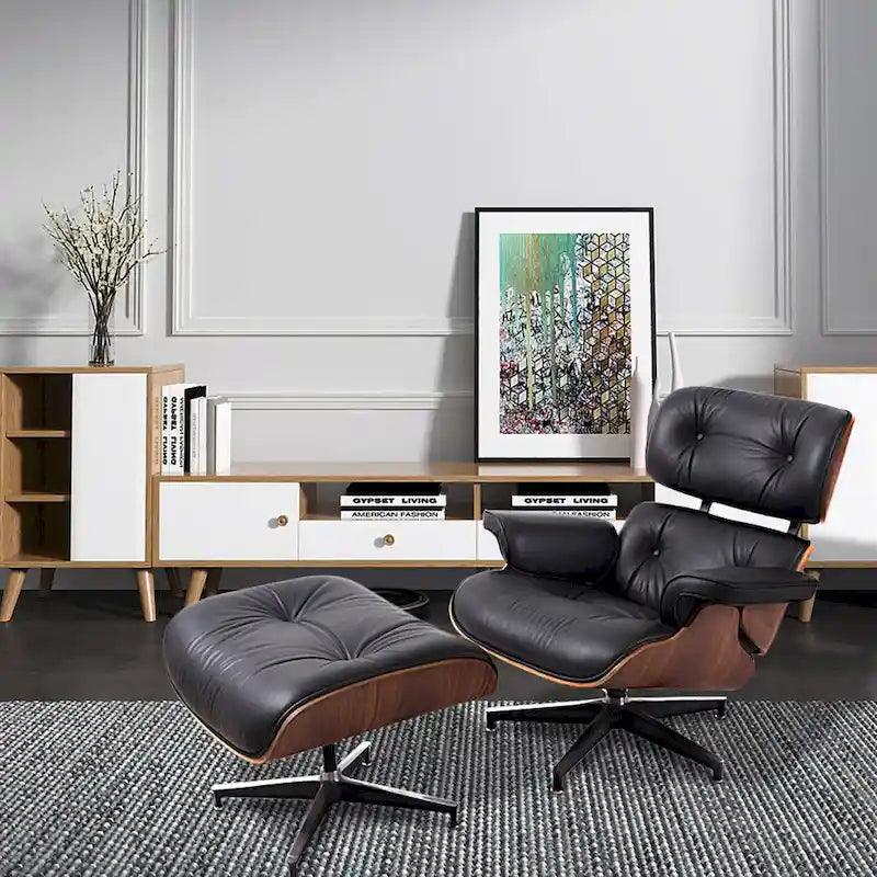 HomeRoots 35 Black Tufted Leather And Brown Swivel Lounge Chair with Ottoman - 34.6