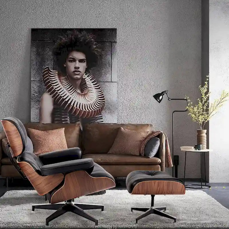 HomeRoots 35 Black Tufted Leather And Brown Swivel Lounge Chair with Ottoman - 34.6