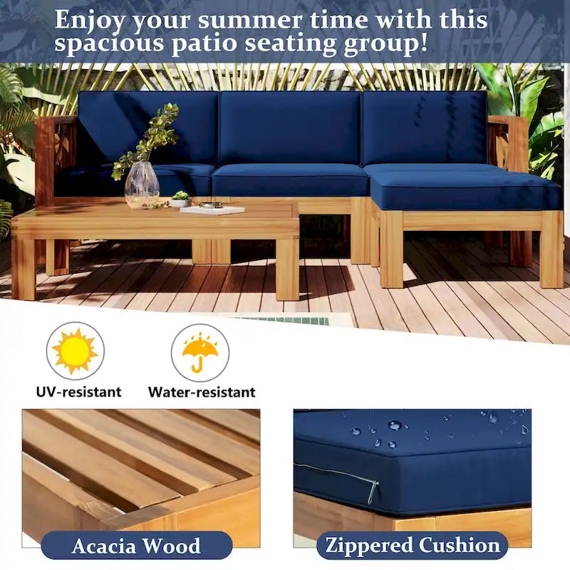 Outdoor Backyard Patio Wood 5-Piece Sectional Sofa Seating Group Set with Cushions