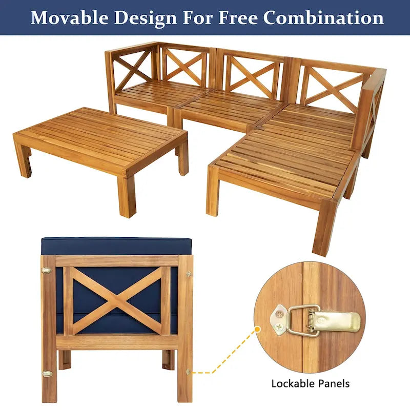 Outdoor Backyard Patio Wood 5-Piece Sectional Sofa Seating Group Set with Cushions