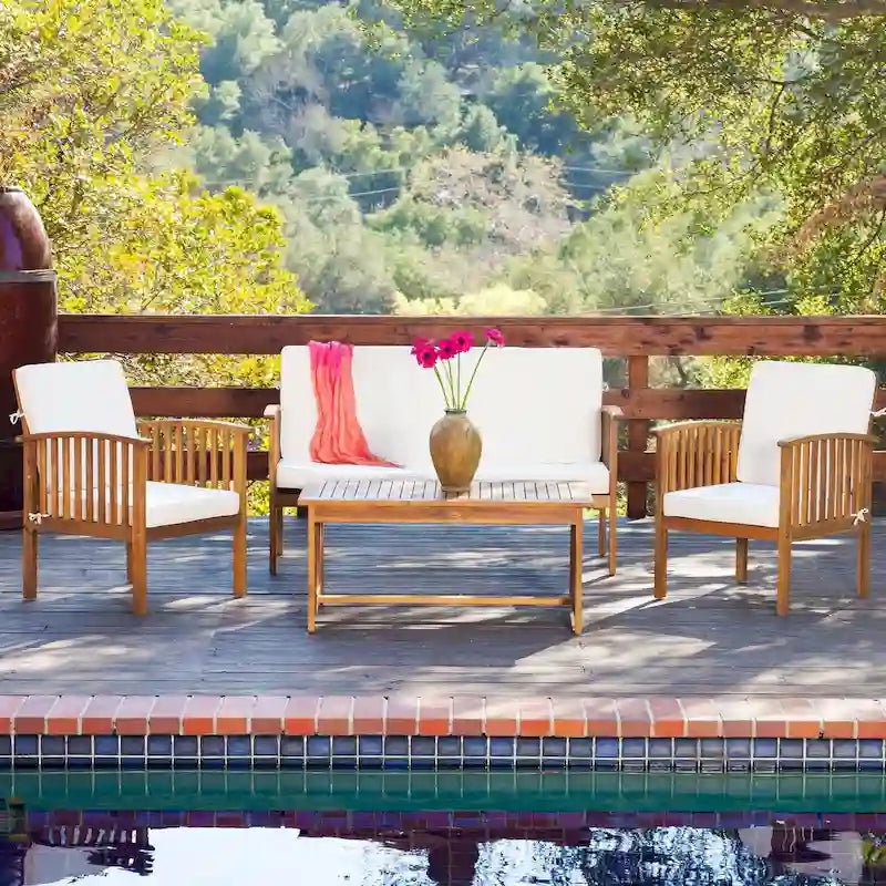 4-Piece Wood Patio Conversation Set with Acacia Wood Table and Cushions