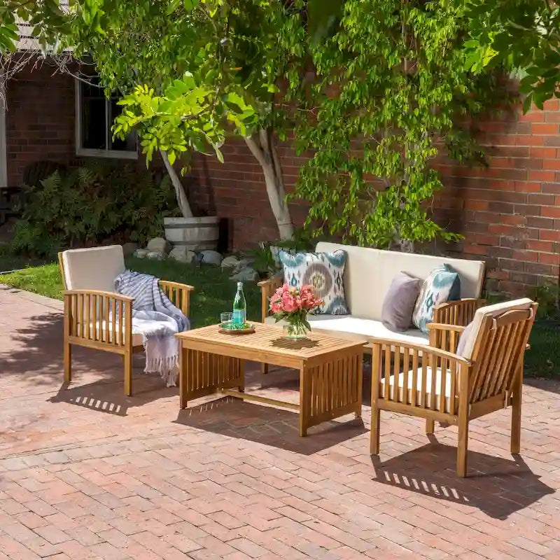 4-Piece Wood Patio Conversation Set with Acacia Wood Table and Cushions