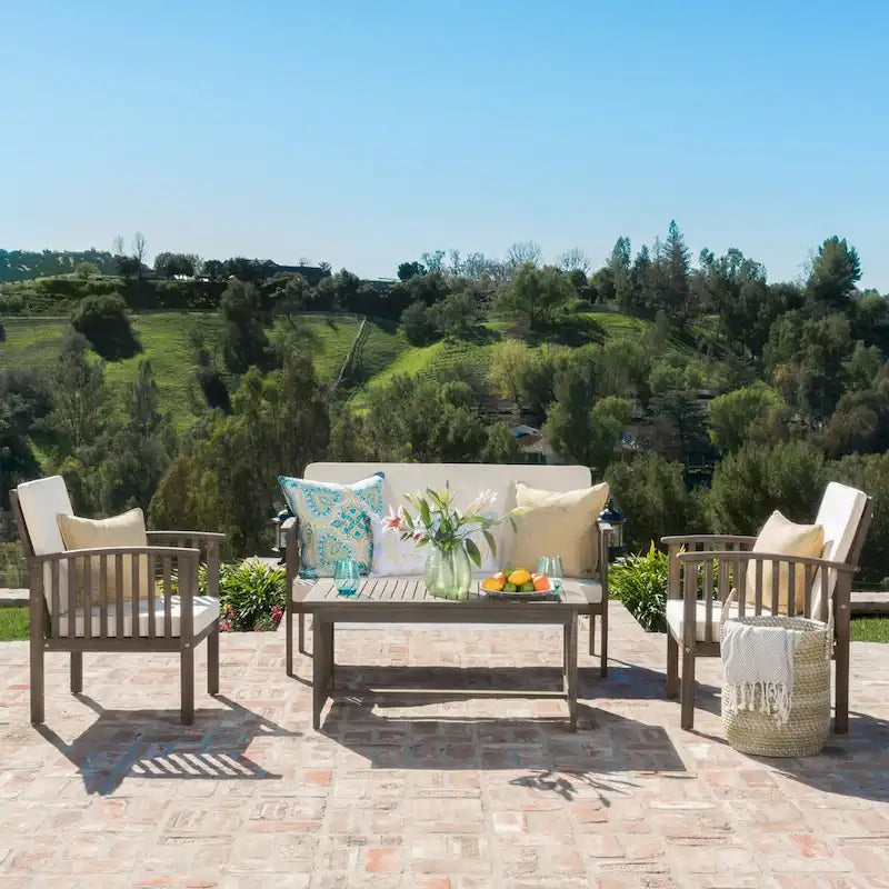 4-Piece Wood Patio Conversation Set with Acacia Wood Table and Cushions
