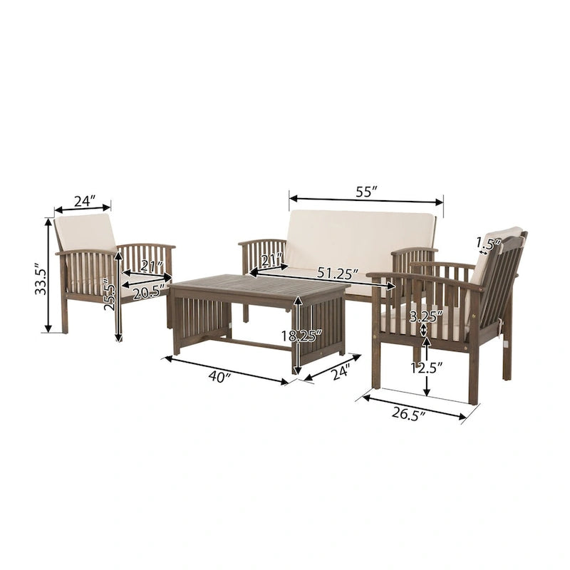 4-Piece Wood Patio Conversation Set with Acacia Wood Table and Cushions