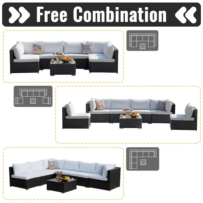 7-Piece Wicker Patio Conversation Set with Cushions and Glass Table