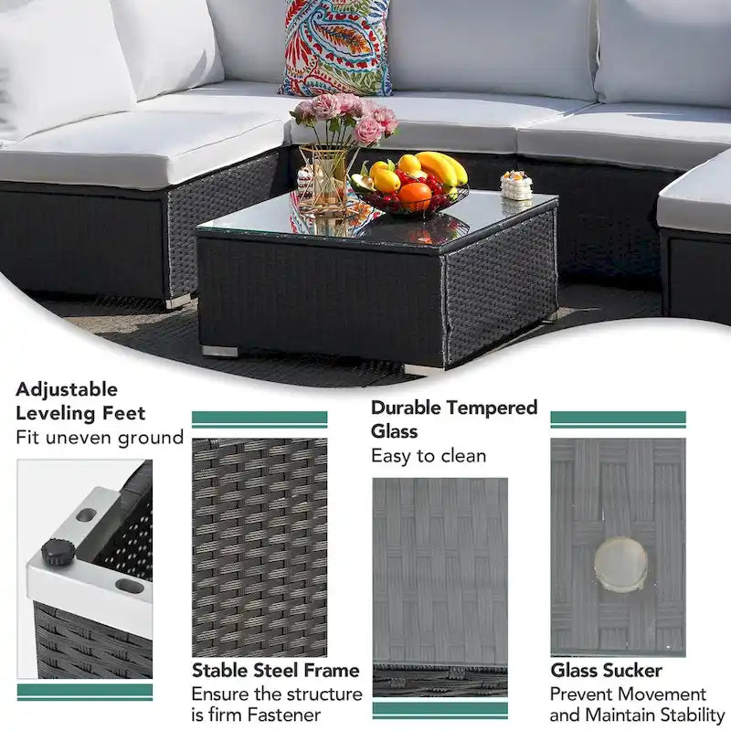 7-Piece Wicker Patio Conversation Set with Cushions and Glass Table