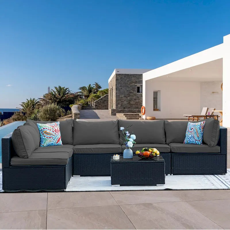 7-Piece Wicker Patio Conversation Set with Cushions and Glass Table