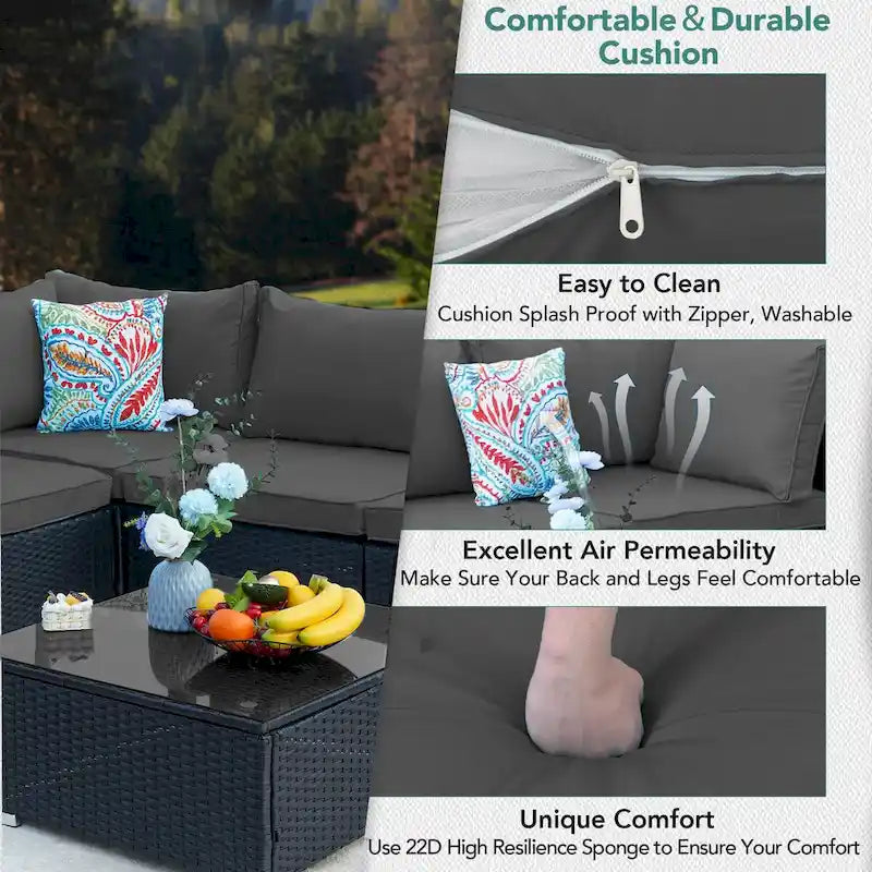 7-Piece Wicker Patio Conversation Set with Cushions and Glass Table