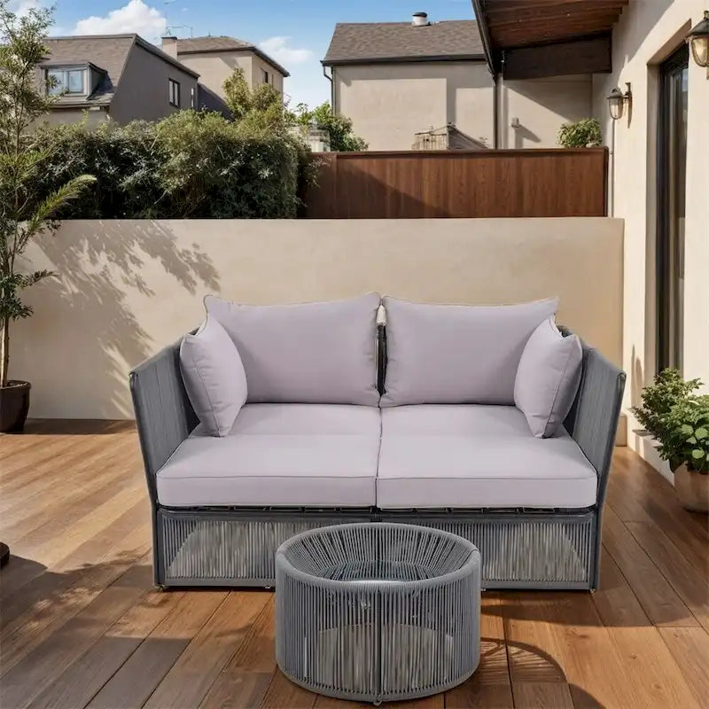 2 Piece Outdoor Loveseat Daybed Set with Tempered Glass Table