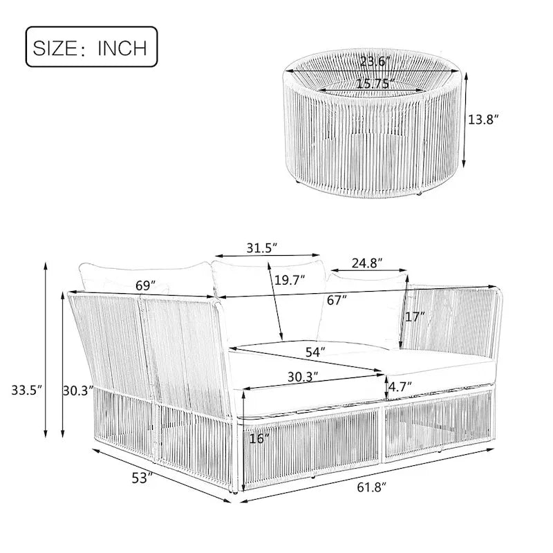 2 Piece Outdoor Loveseat Daybed Set with Tempered Glass Table