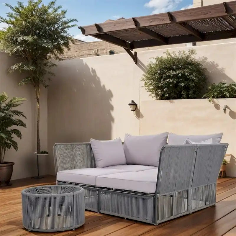 2 Piece Outdoor Loveseat Daybed Set with Tempered Glass Table