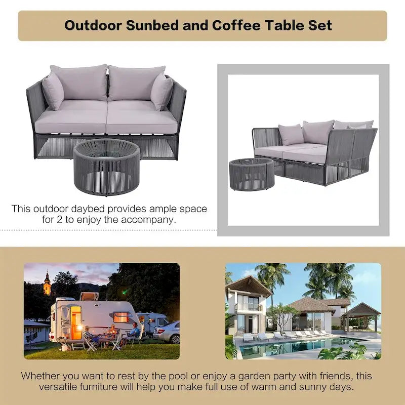 2 Piece Outdoor Loveseat Daybed Set with Tempered Glass Table